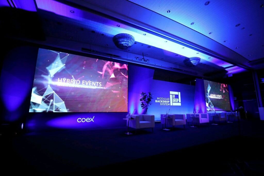 Stage Backdrop with two Projection Screens set up by Coex with AV-Drop Pro