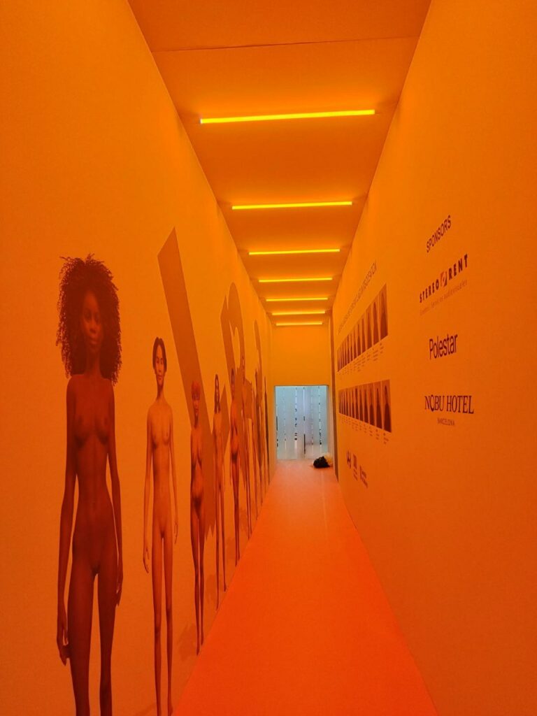 LR3 Experience For 080 BCN Fashion Week - backdrop system AV drop Exit corridor with lateral impressions of naked bodies for the LR3 experience